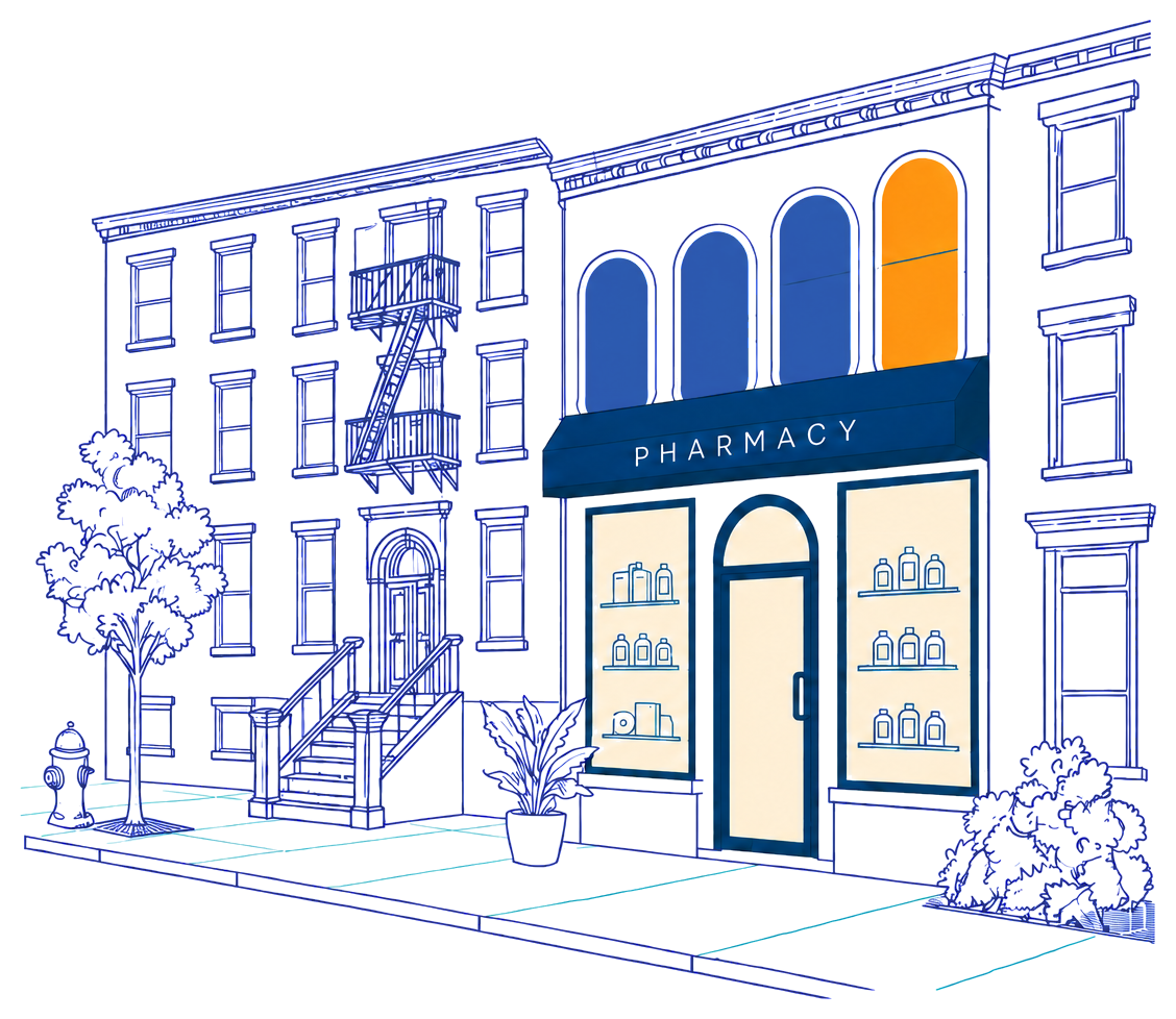 Illustration of a neighborhood pharmacy and the doctors&rsquo; offices around it